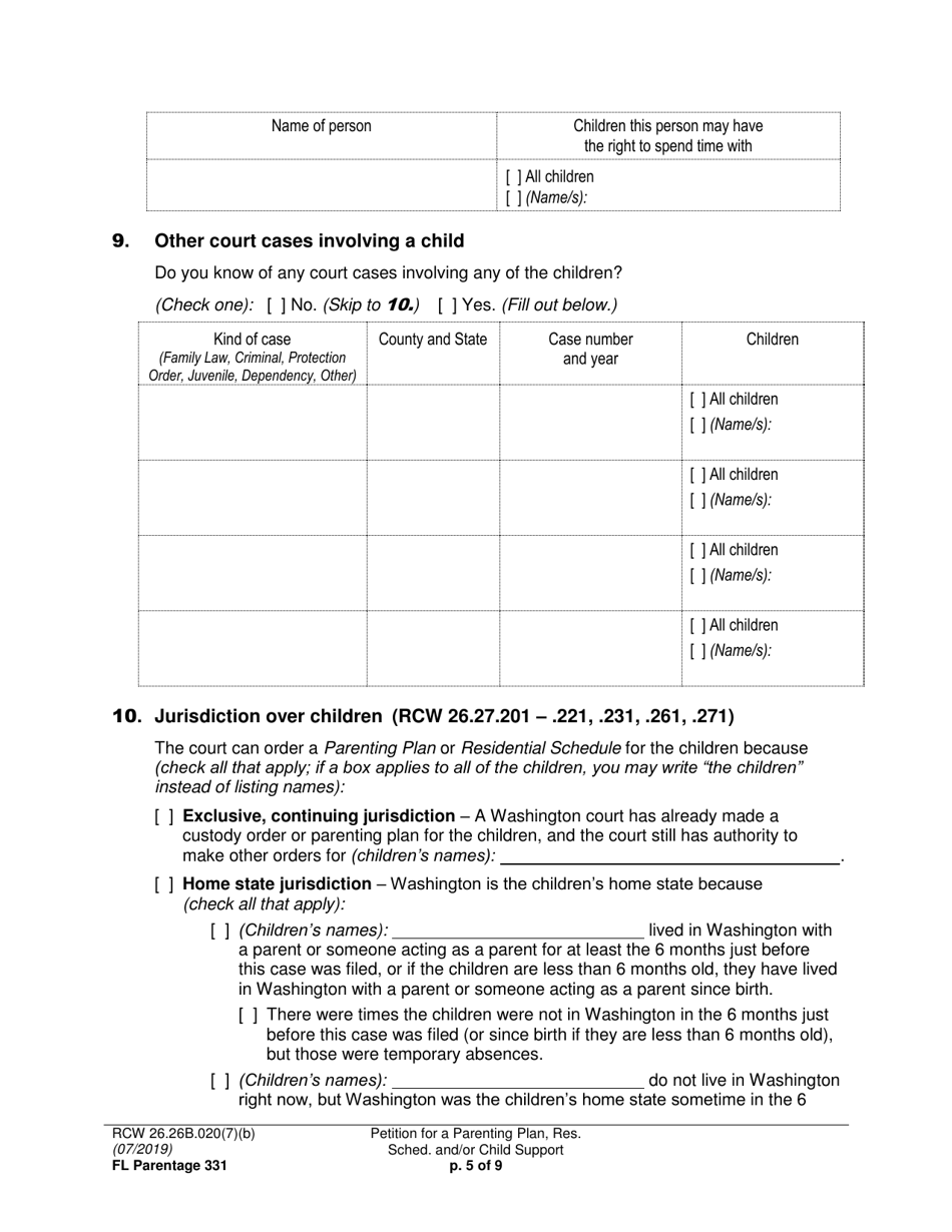 Form FL Parentage331 Petition for a Parenting Plan, Residential Schedule and / or Child Support - Washington, Page 5