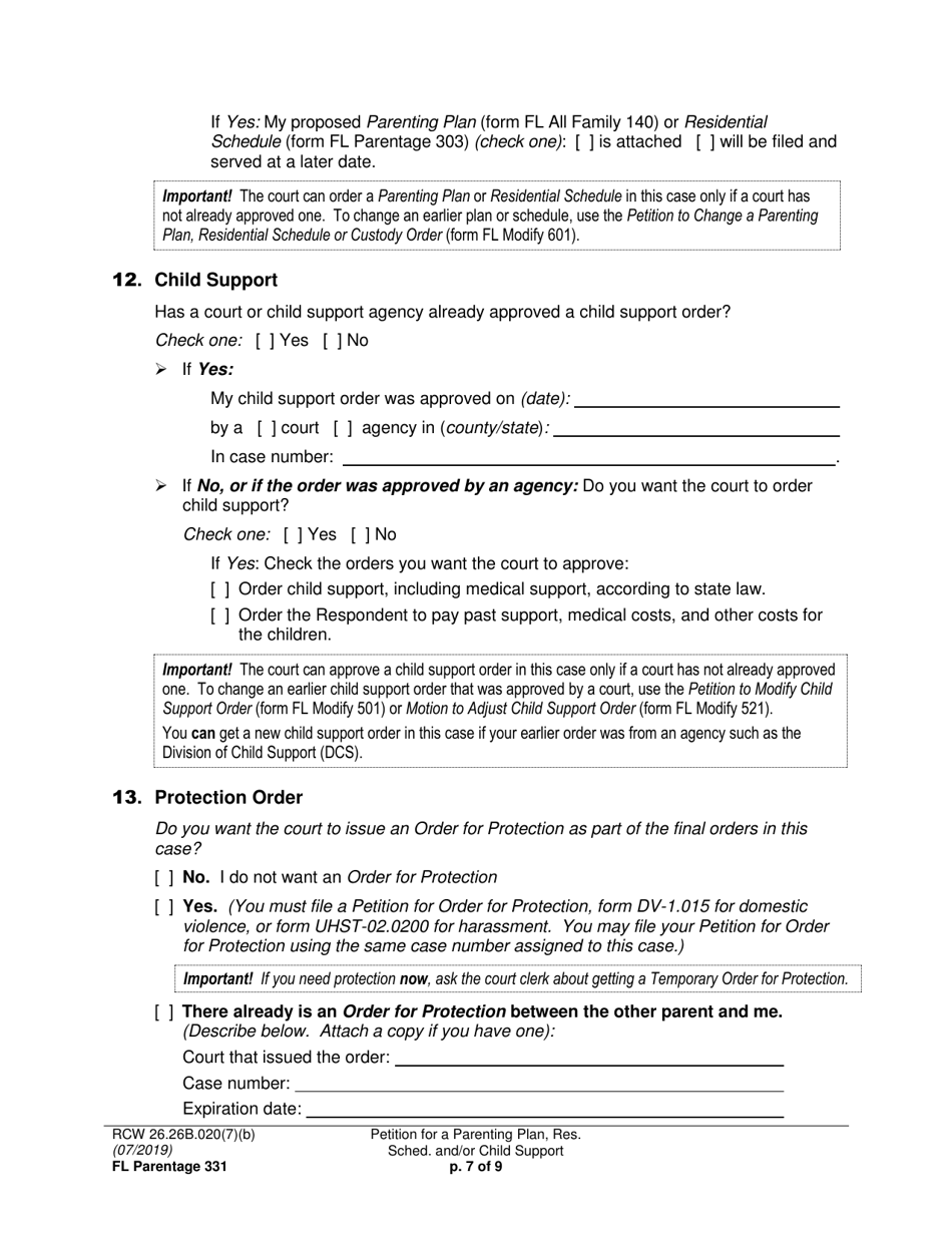 Form FL Parentage331 Petition for a Parenting Plan, Residential Schedule and / or Child Support - Washington, Page 7