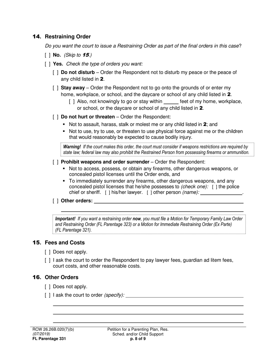 Form FL Parentage331 Petition for a Parenting Plan, Residential Schedule and / or Child Support - Washington, Page 8
