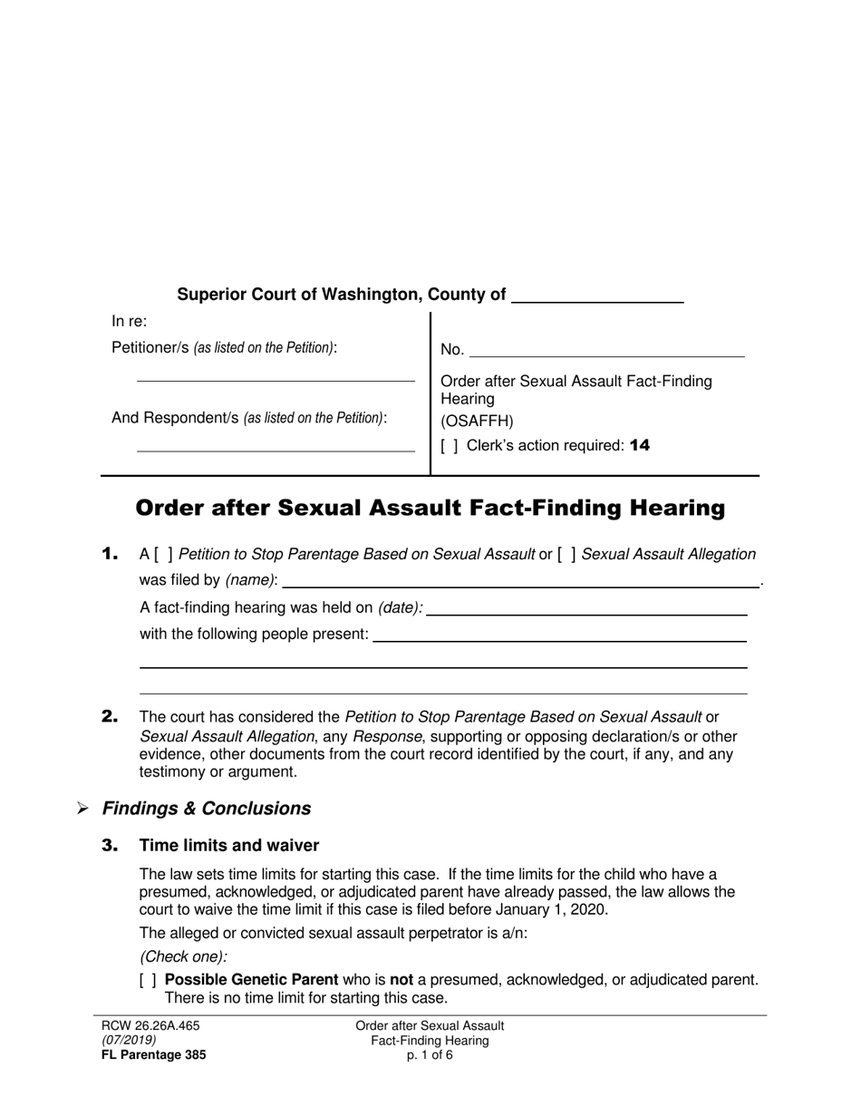Form FL Parentage385 Order After Sexual Assault Fact-Finding Hearing - Washington, Page 1