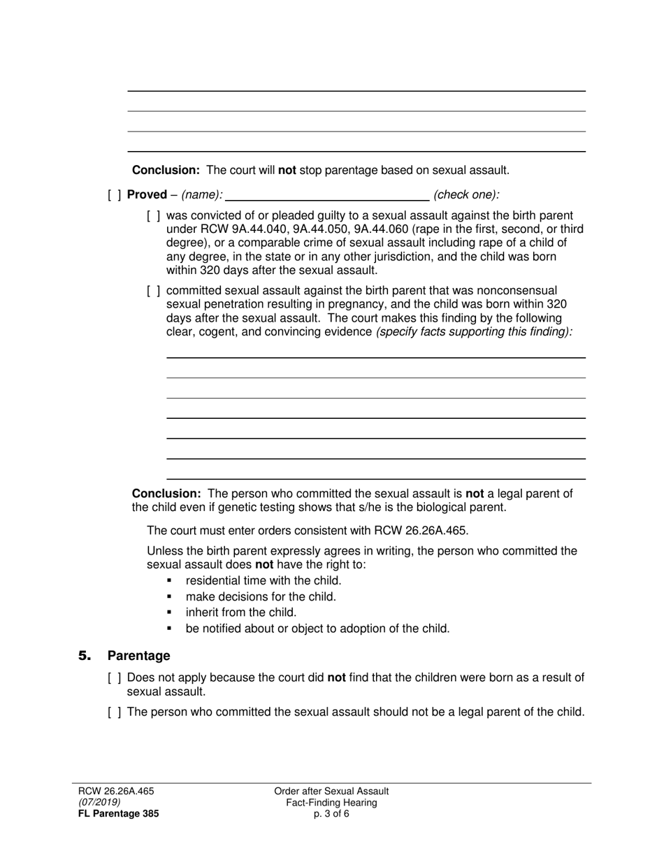 Form FL Parentage385 Order After Sexual Assault Fact-Finding Hearing - Washington, Page 3