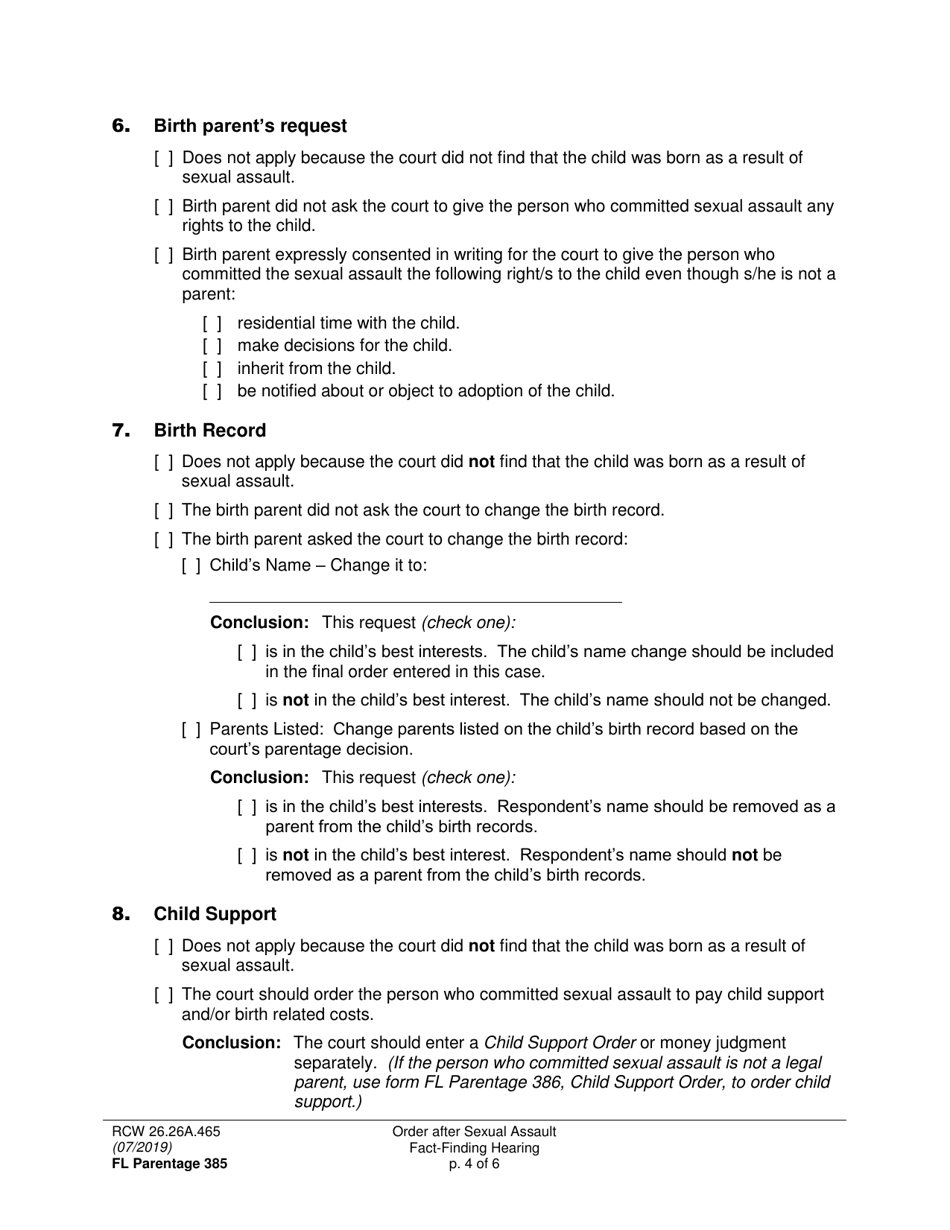 Form FL Parentage385 Order After Sexual Assault Fact-Finding Hearing - Washington, Page 4