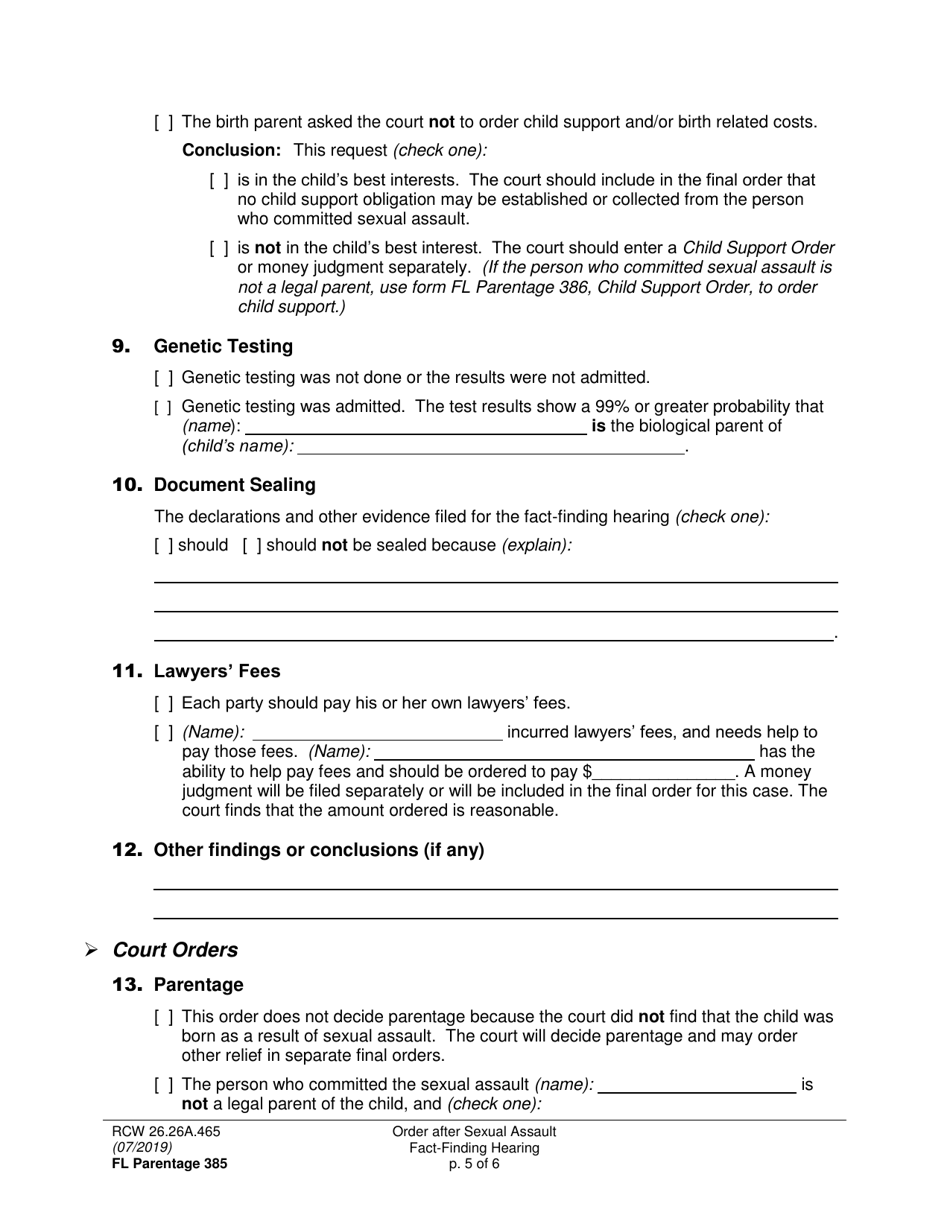 Form FL Parentage385 Order After Sexual Assault Fact-Finding Hearing - Washington, Page 5