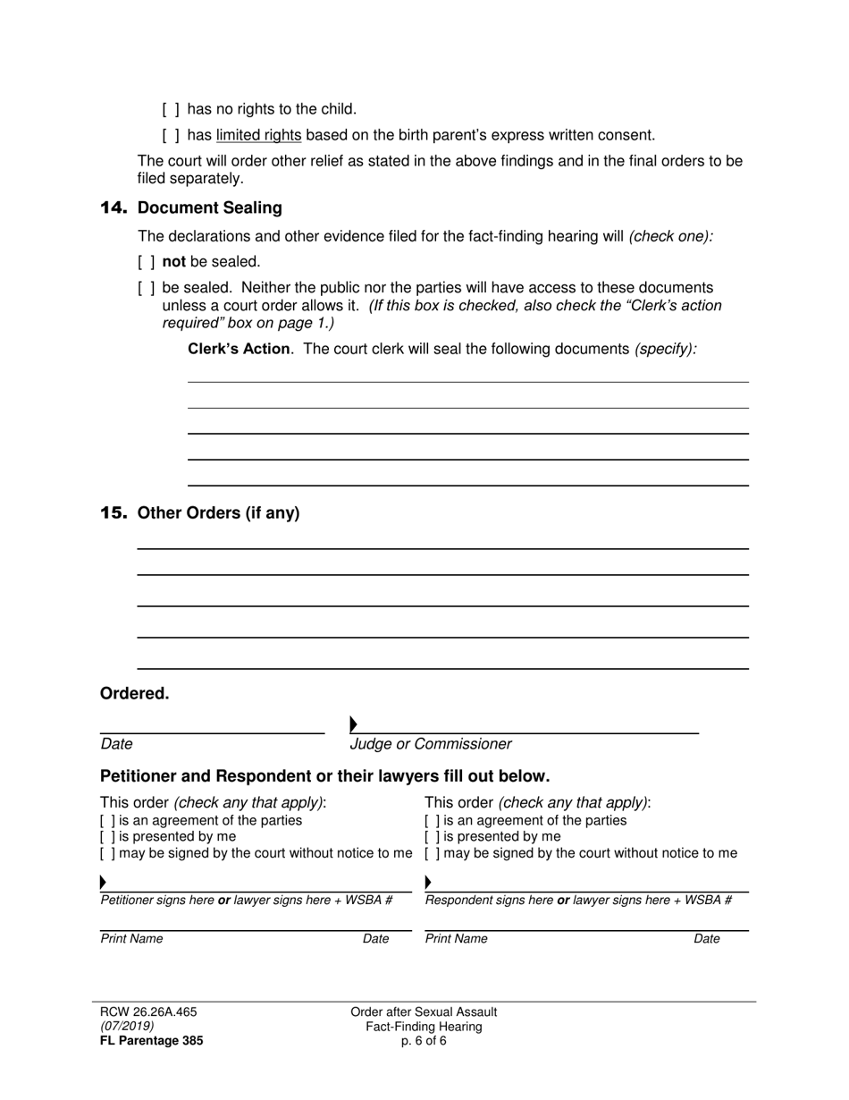 Form FL Parentage385 Order After Sexual Assault Fact-Finding Hearing - Washington, Page 6