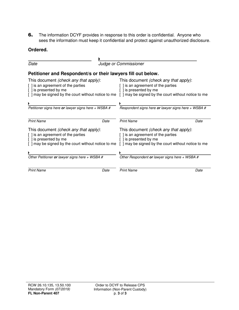 Form FL Non-Parent407 Order to Dcyf to Release Cps Information (Non-parent Custody) - Washington, Page 3