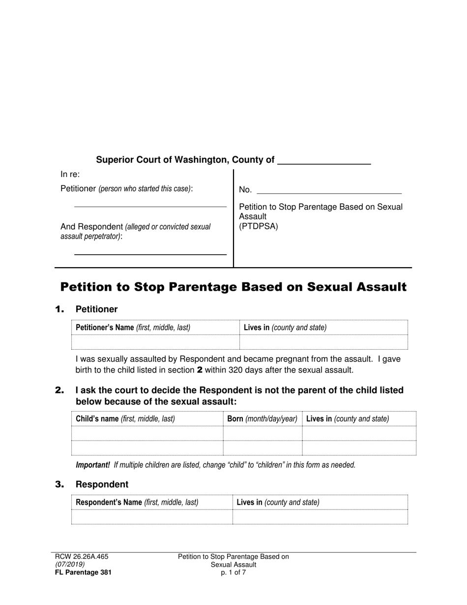 Form FL Parentage381 Petition to Stop Parentage Based on Sexual Assault - Washington, Page 1