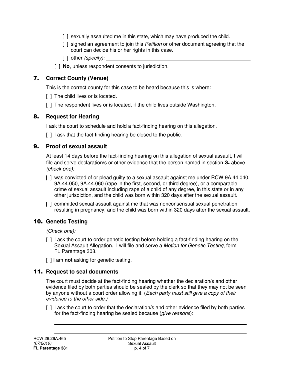 Form FL Parentage381 Petition to Stop Parentage Based on Sexual Assault - Washington, Page 4