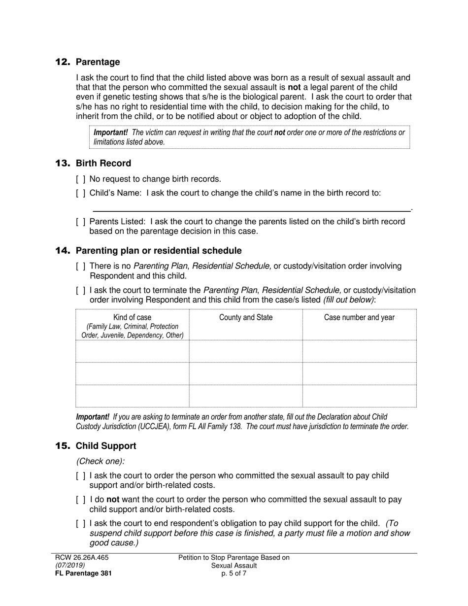Form FL Parentage381 Petition to Stop Parentage Based on Sexual Assault - Washington, Page 5