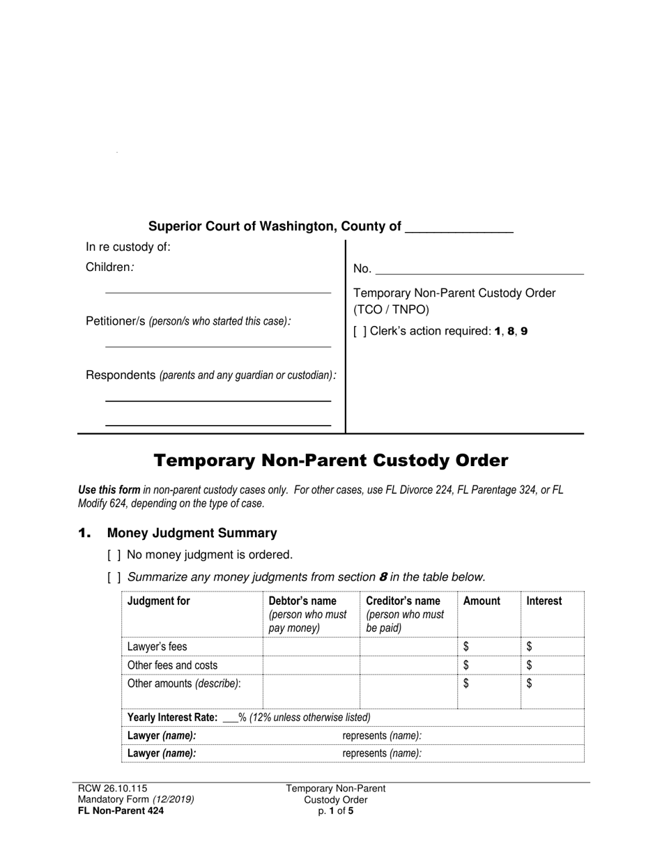 Form FL Non-Parent424 Temporary Non-parent Custody Order - Washington, Page 1
