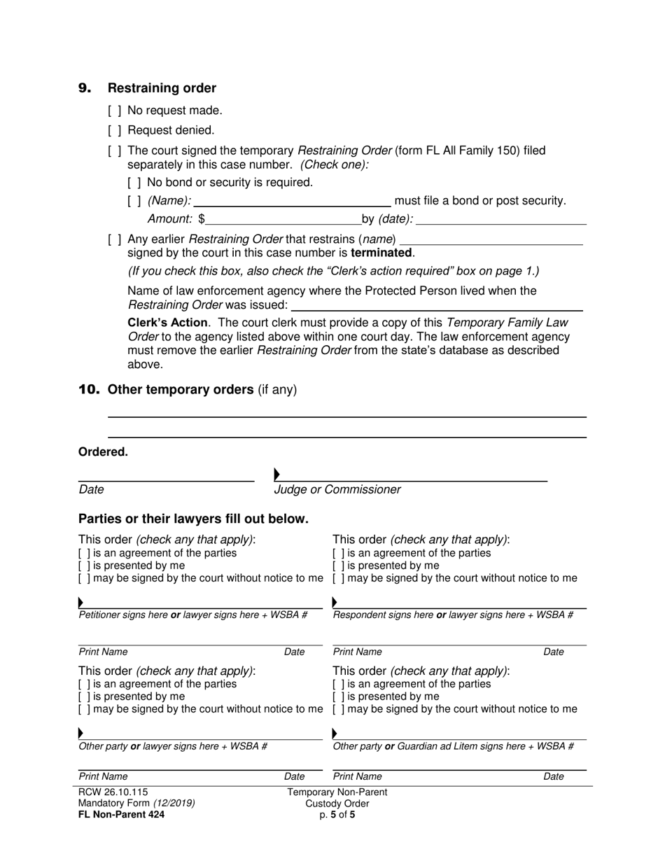 Form FL Non-Parent424 Temporary Non-parent Custody Order - Washington, Page 5