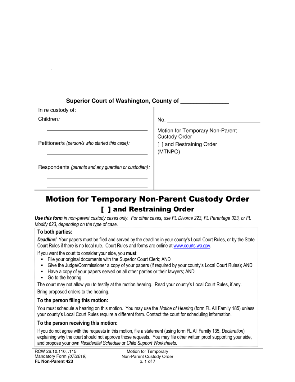 Form FL Non-Parent423 Motion for Temporary Non-parent Custody Order and Restraining Order - Washington, Page 1