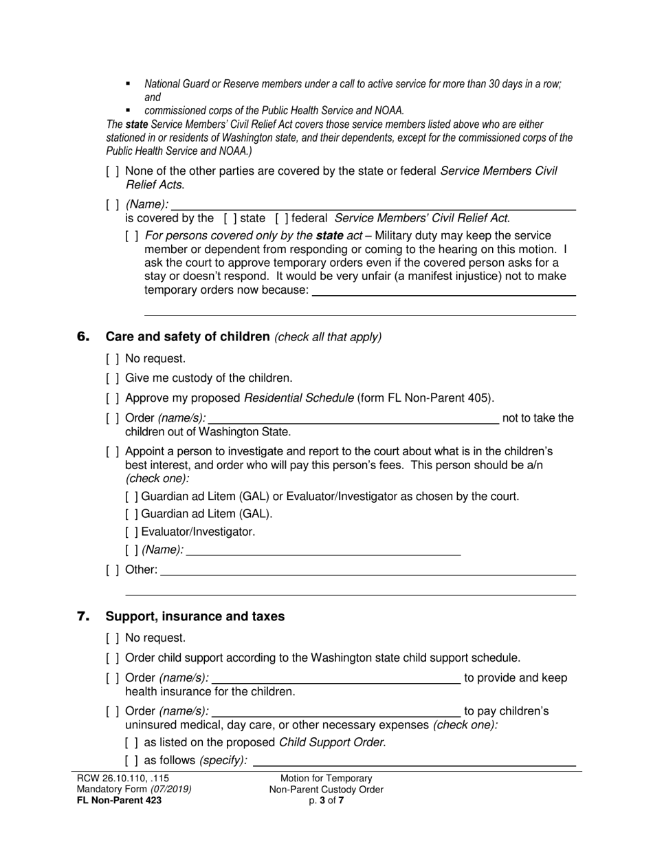 Form FL Non-Parent423 Motion for Temporary Non-parent Custody Order and Restraining Order - Washington, Page 3