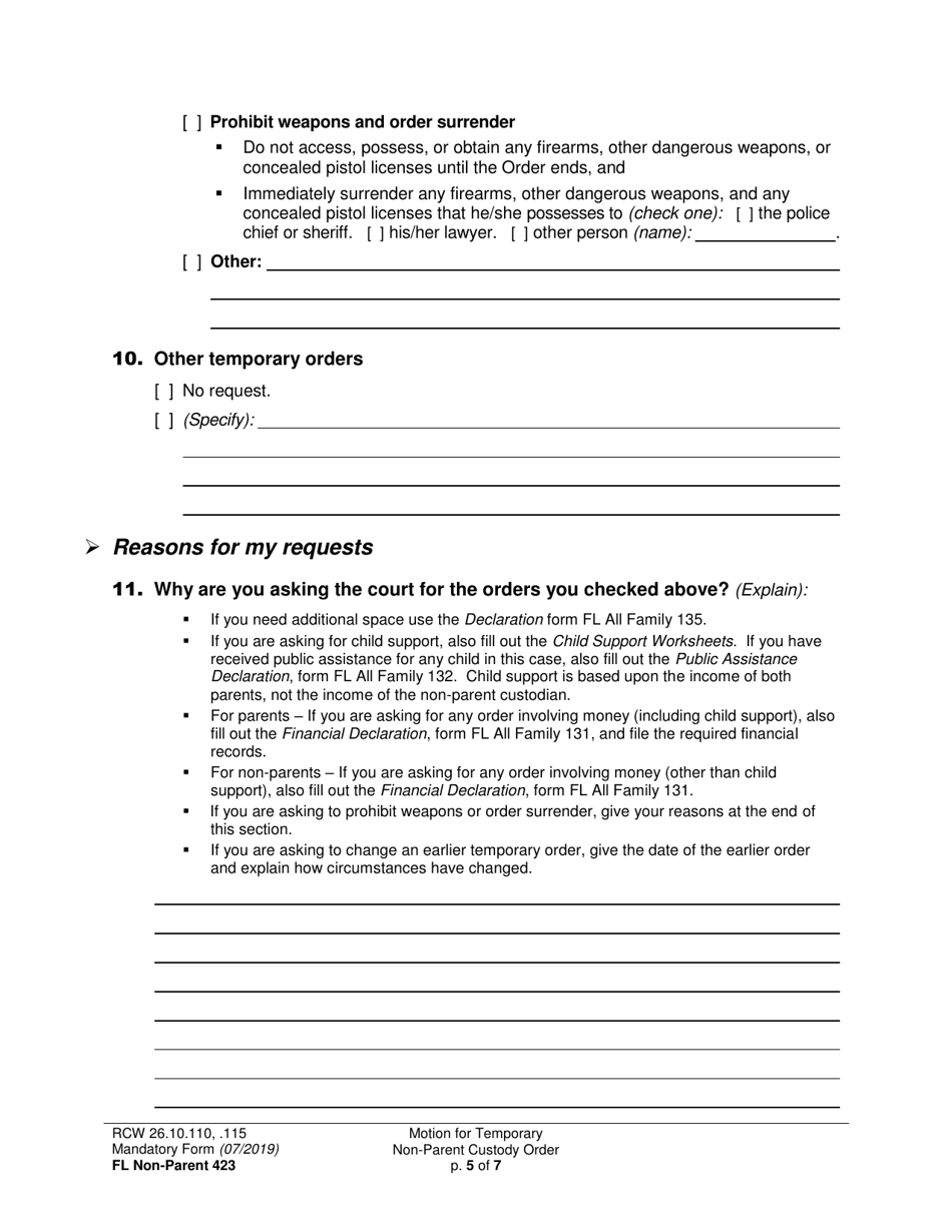 Form FL Non-Parent423 Motion for Temporary Non-parent Custody Order and Restraining Order - Washington, Page 5