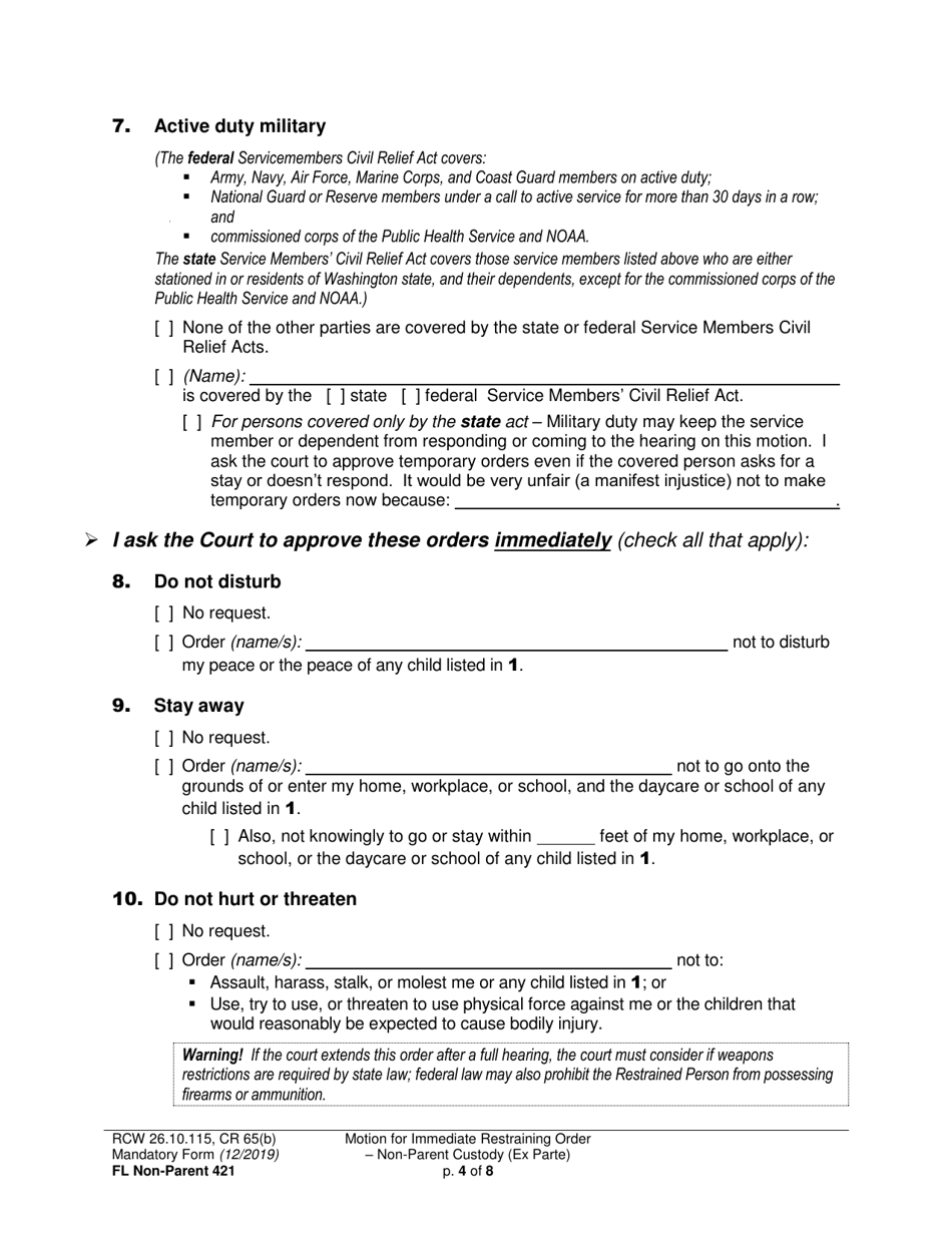 Form FL Non-Parent421 Motion for Immediate Restraining Order - Non-parent Custody (Ex Parte) - Washington, Page 4
