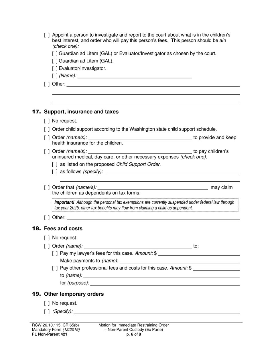 Form FL Non-Parent421 Motion for Immediate Restraining Order - Non-parent Custody (Ex Parte) - Washington, Page 6