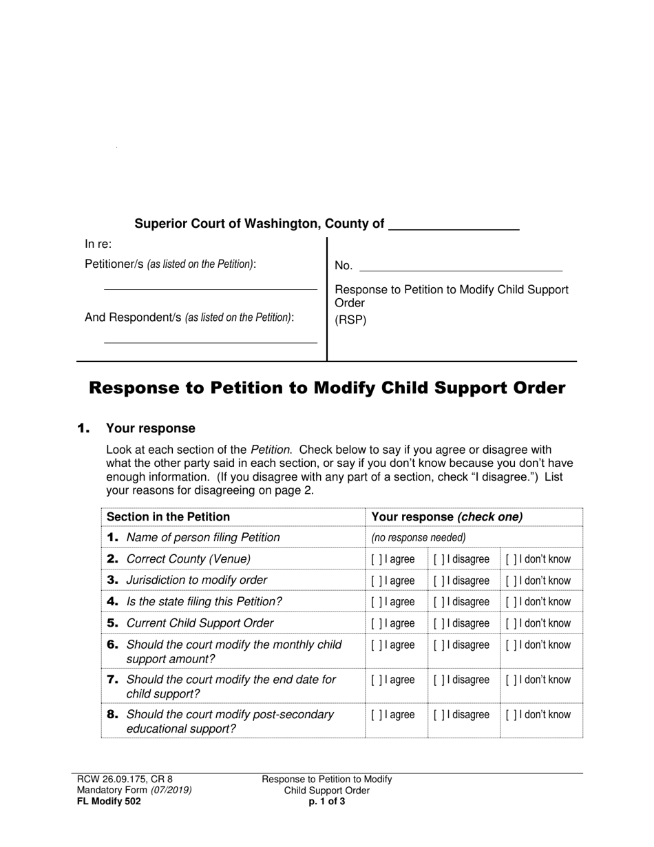 Form FL Modify502 Response to Petition to Modify Child Support Order - Washington, Page 1