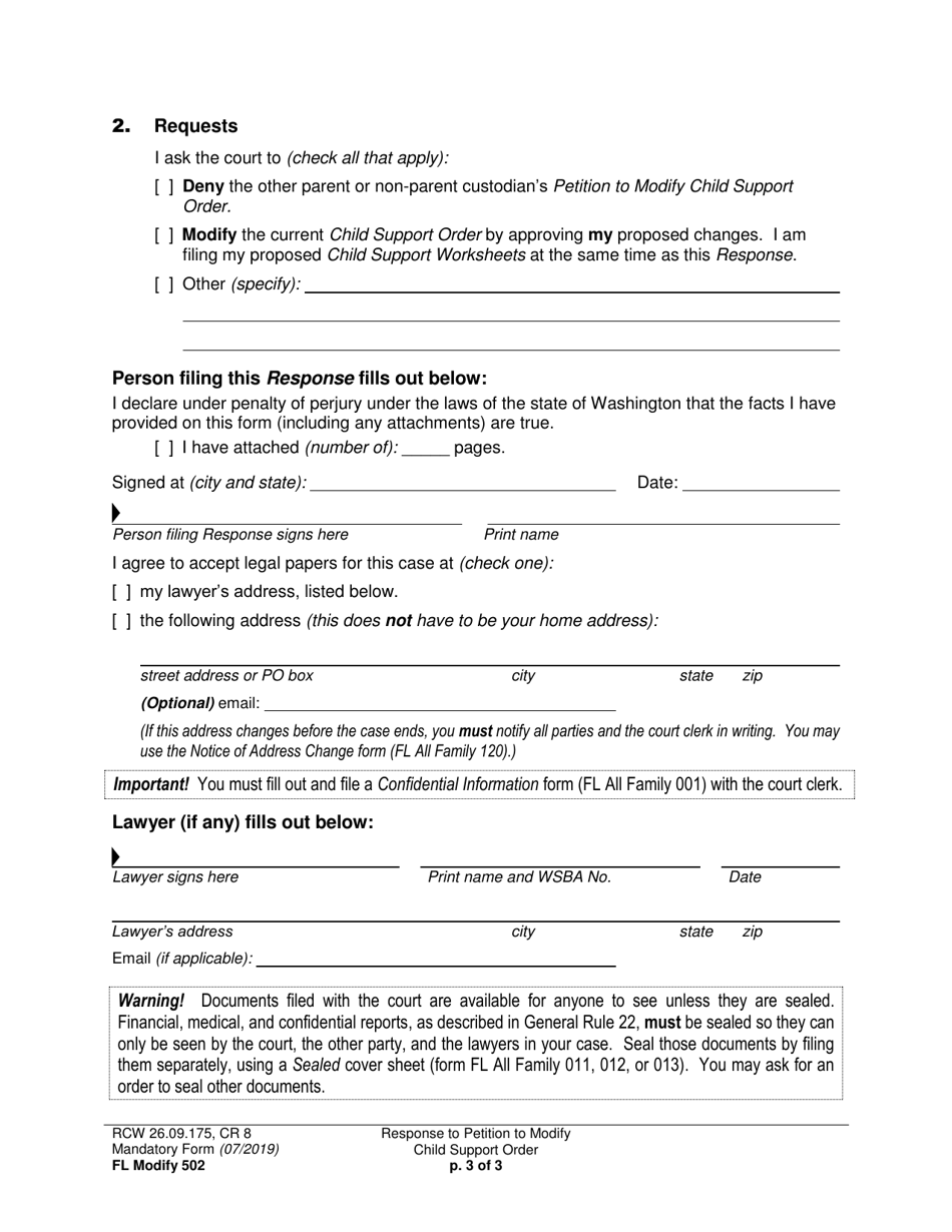 Form FL Modify502 Response to Petition to Modify Child Support Order - Washington, Page 3