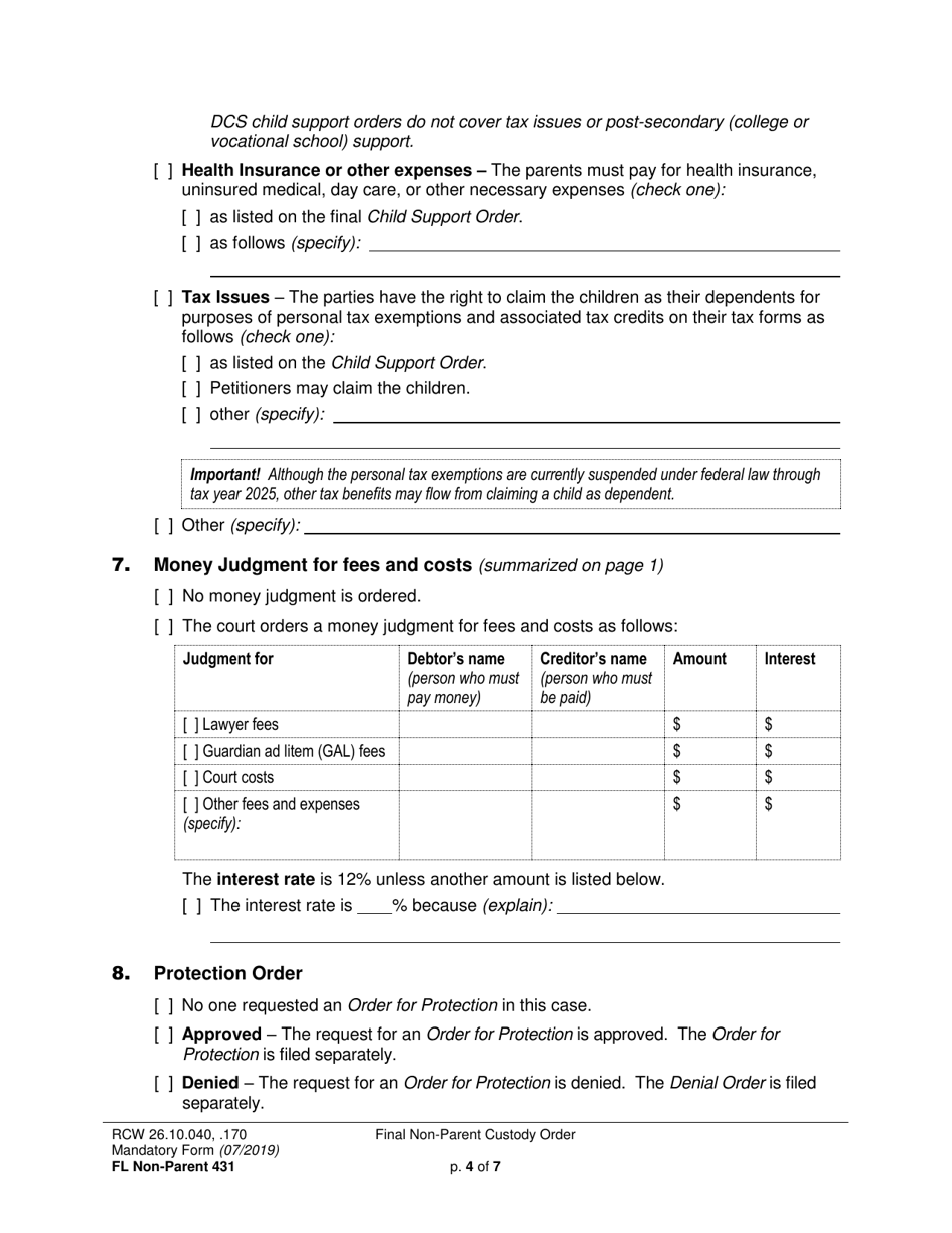 Form FL Non-Parent431 Final Non-parent Custody Order - Washington, Page 4