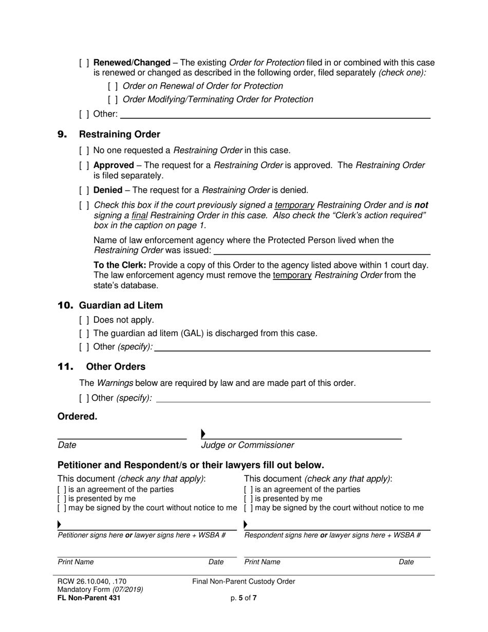 Form FL Non-Parent431 Final Non-parent Custody Order - Washington, Page 5