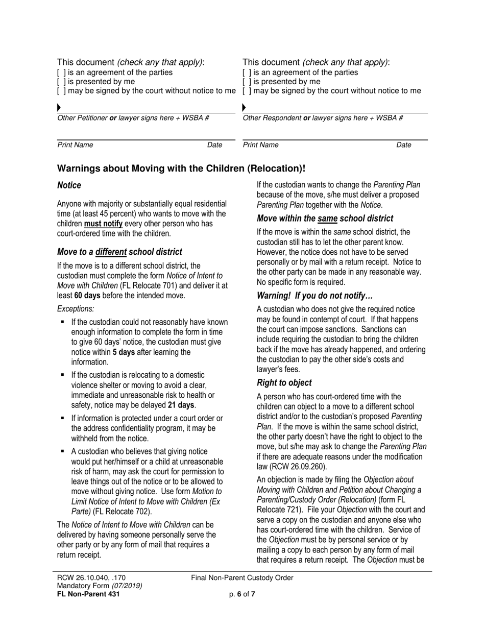 Form FL Non-Parent431 Final Non-parent Custody Order - Washington, Page 6