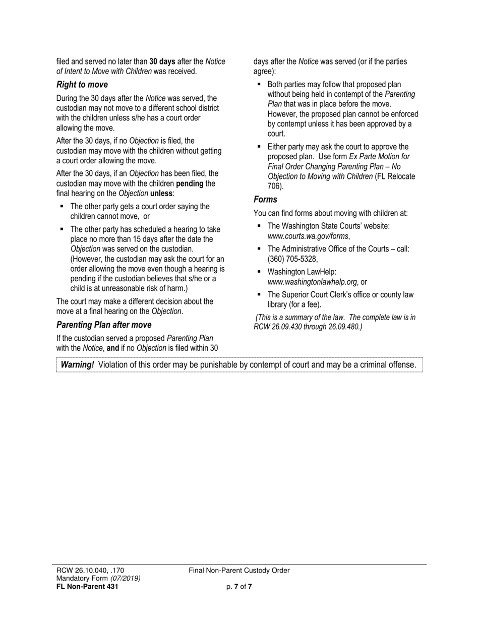 Form FL Non-Parent431 Final Non-parent Custody Order - Washington, Page 7