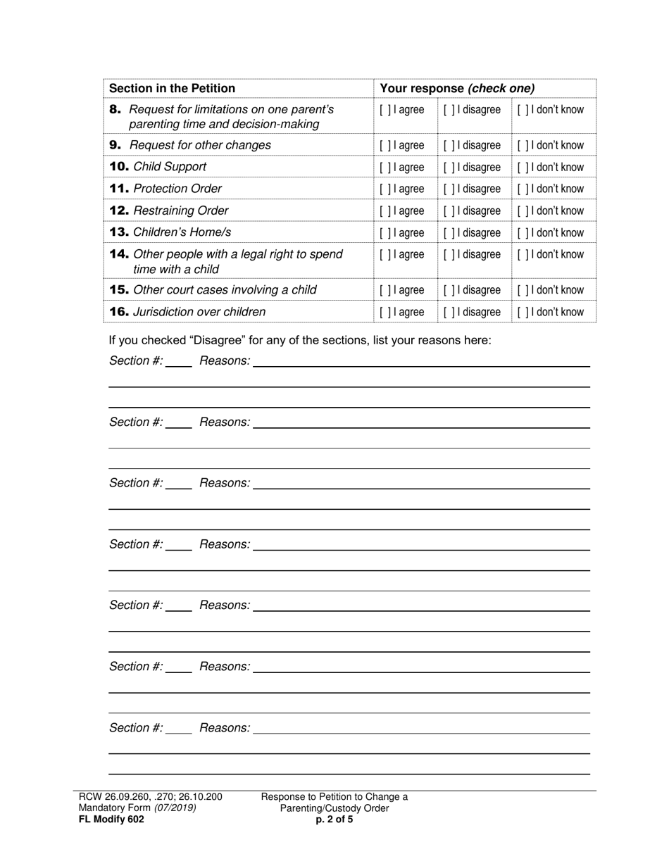 Form FL Modify602 Response to Petition to Change a Parenting Plan, Residential Schedule or Custody Order - Washington, Page 2