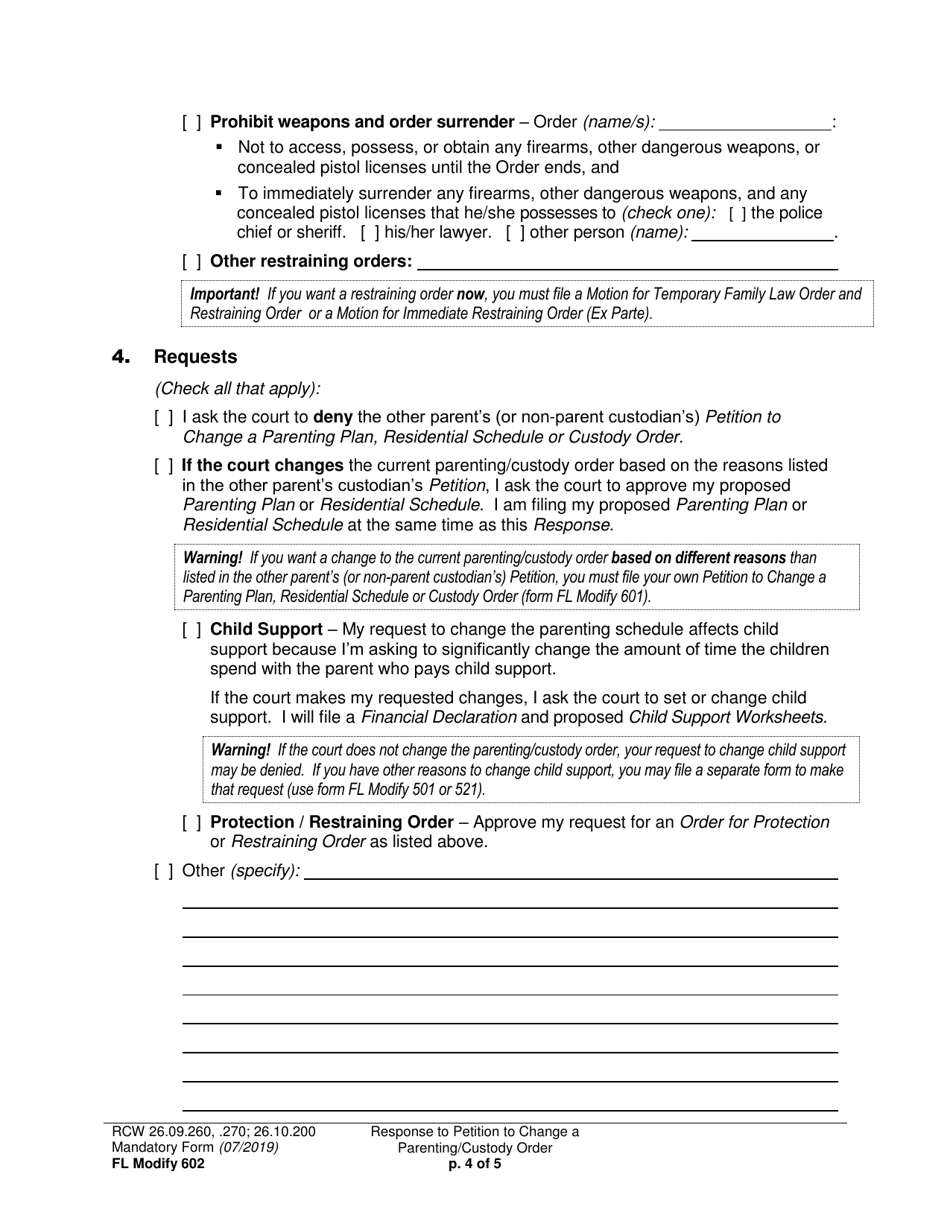 Form FL Modify602 Response to Petition to Change a Parenting Plan, Residential Schedule or Custody Order - Washington, Page 4