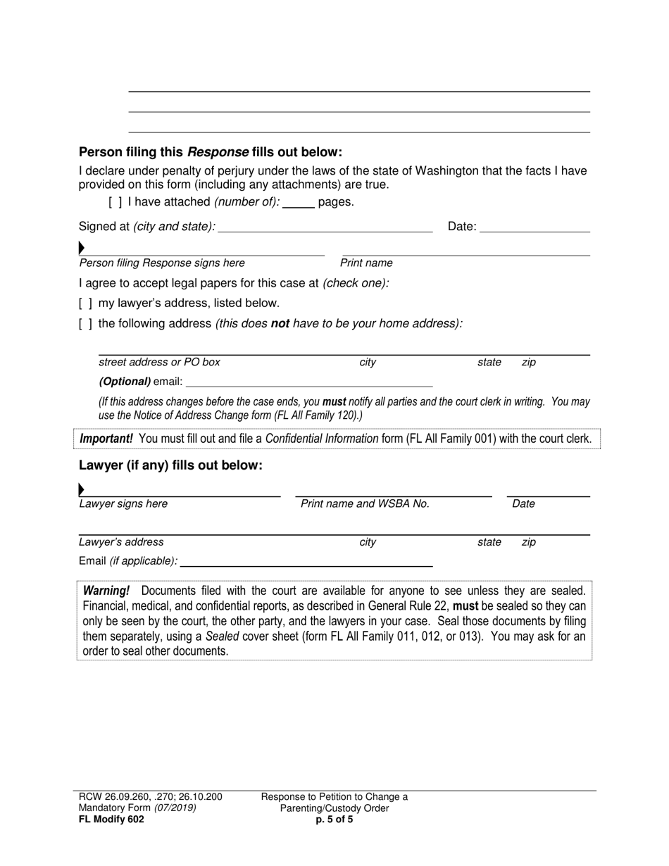 Form FL Modify602 Response to Petition to Change a Parenting Plan, Residential Schedule or Custody Order - Washington, Page 5