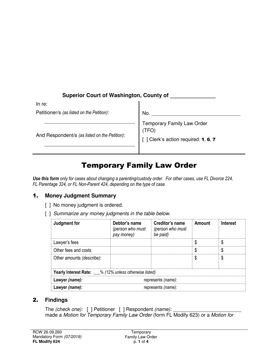Form FL Modify624 Temporary Family Law Order - Washington, Page 1