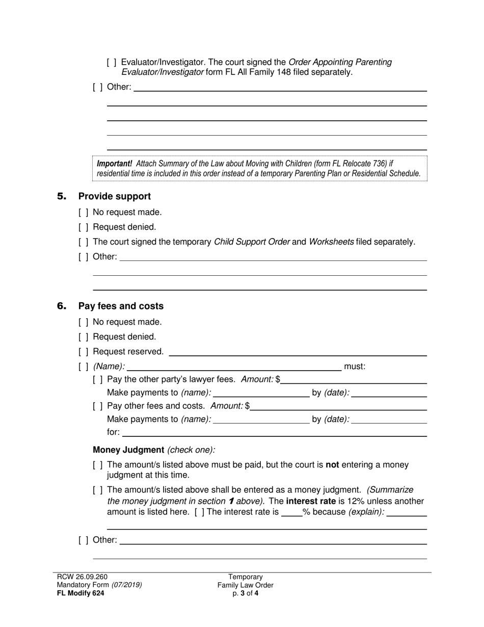 Form FL Modify624 Temporary Family Law Order - Washington, Page 3