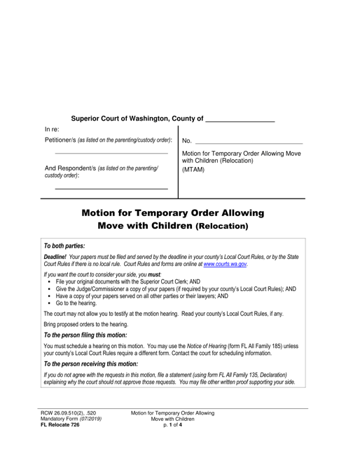 Form FL Relocate726 Motion for Temporary Order Allowing Move With Children (Relocation) - Washington
