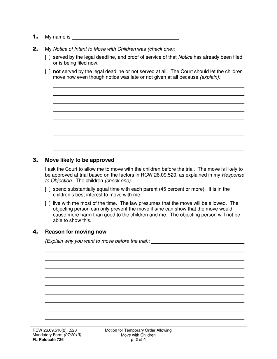 Form FL Relocate726 Motion for Temporary Order Allowing Move With Children (Relocation) - Washington, Page 2