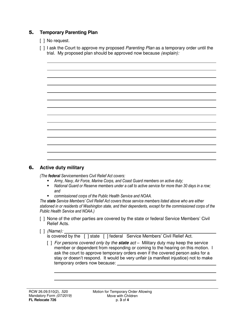 Form FL Relocate726 Motion for Temporary Order Allowing Move With Children (Relocation) - Washington, Page 3