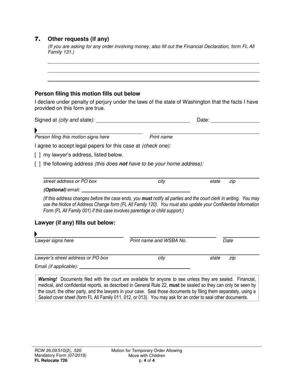 Form FL Relocate726 Motion for Temporary Order Allowing Move With Children (Relocation) - Washington, Page 4
