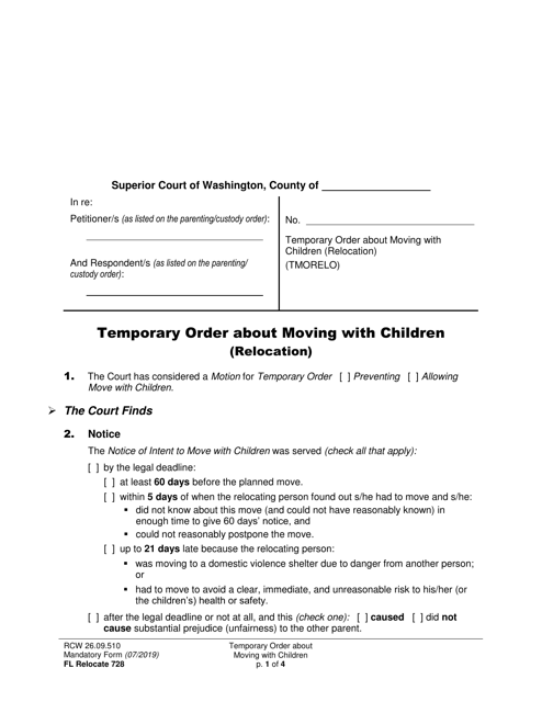 Form FL Relocate728 Temporary Order About Moving With Children (Relocation) - Washington