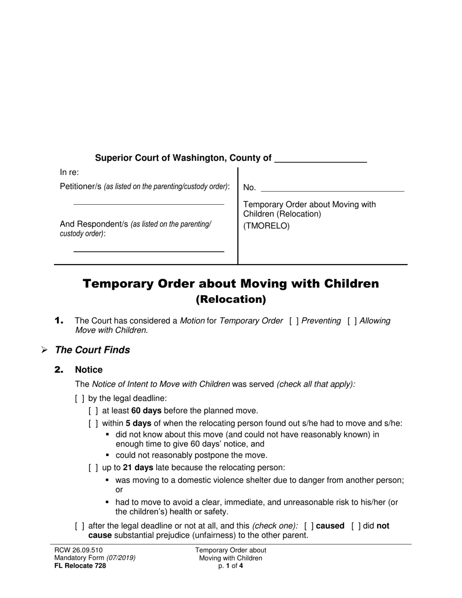 Form FL Relocate728 Temporary Order About Moving With Children (Relocation) - Washington, Page 1