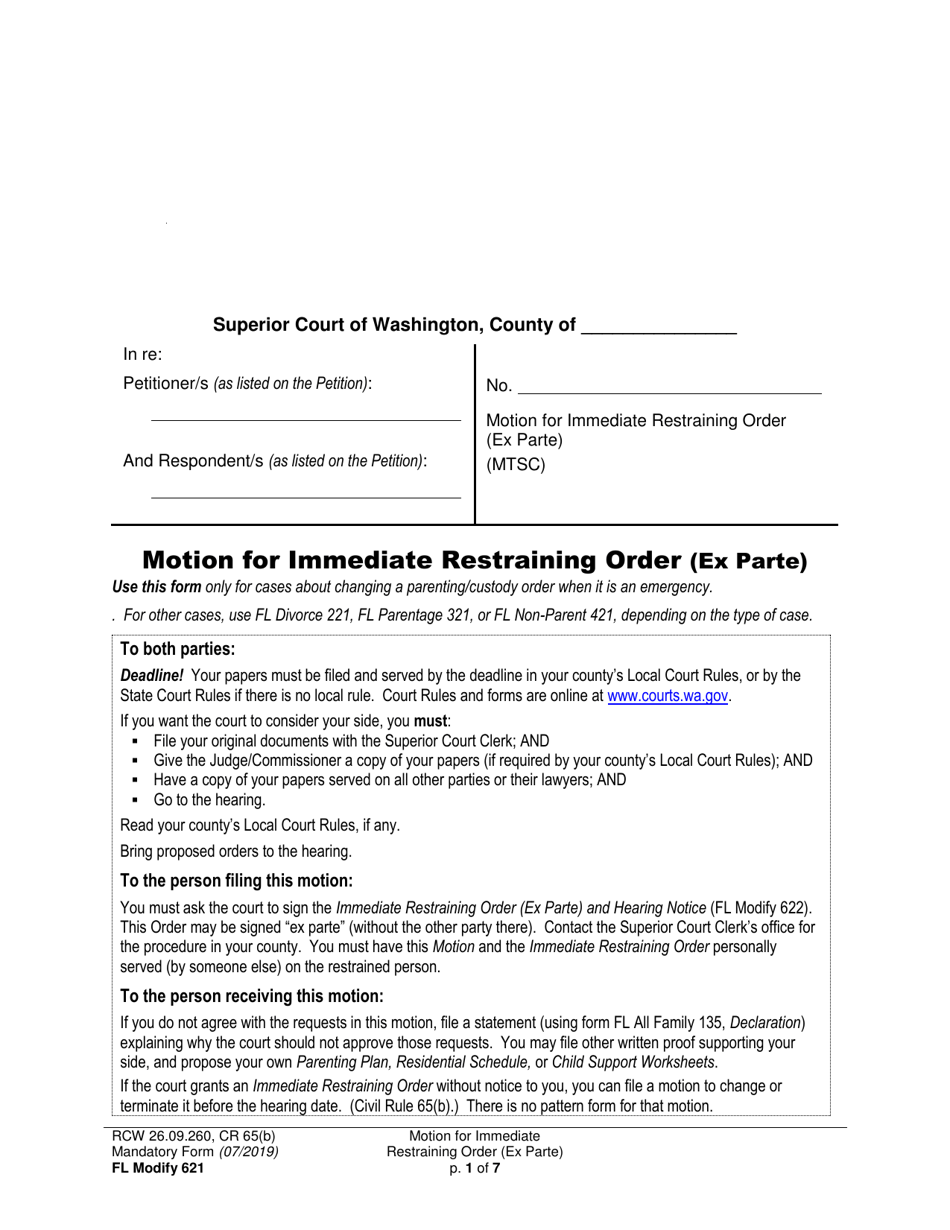 Form FL Modify621 Motion for Immediate Restraining Order (Ex Parte) - Washington, Page 1