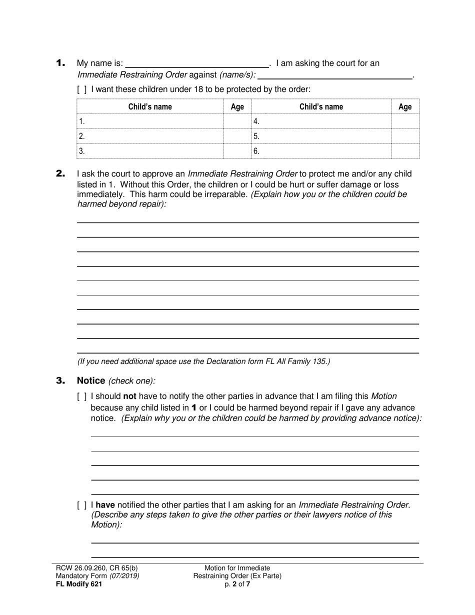 Form FL Modify621 Motion for Immediate Restraining Order (Ex Parte) - Washington, Page 2