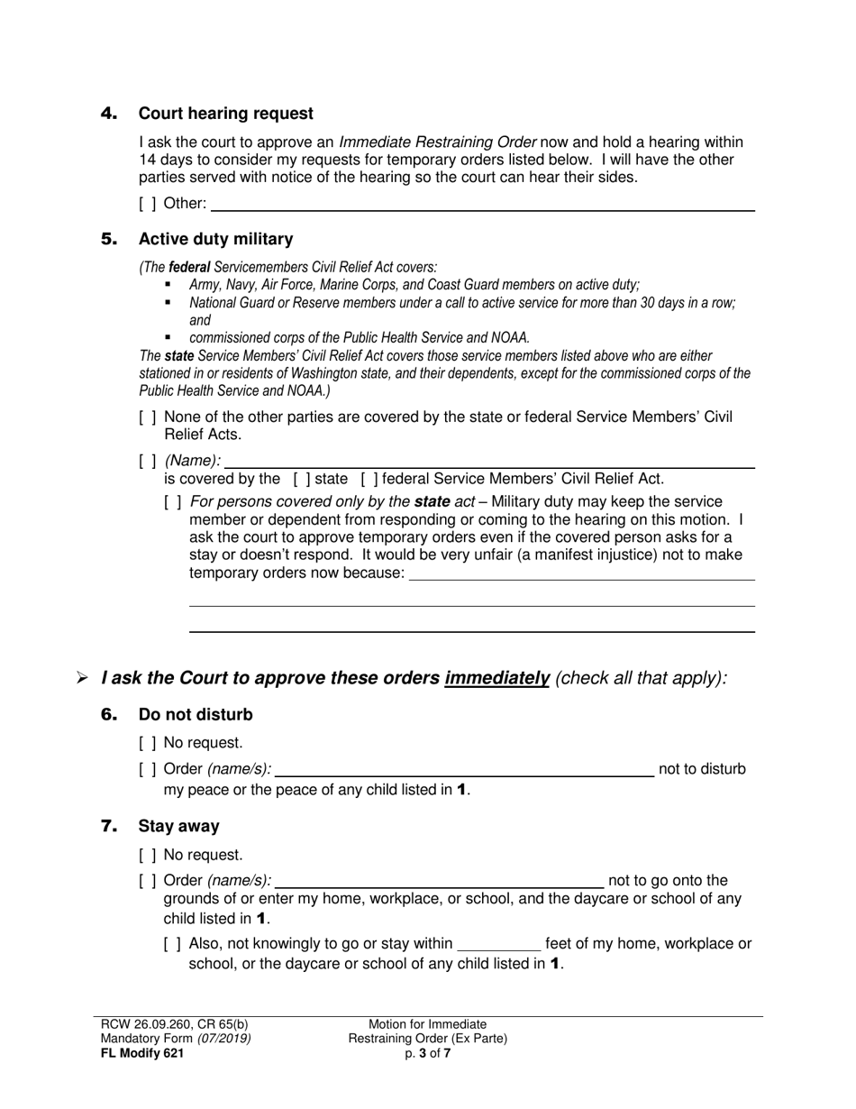 Form FL Modify621 Motion for Immediate Restraining Order (Ex Parte) - Washington, Page 3