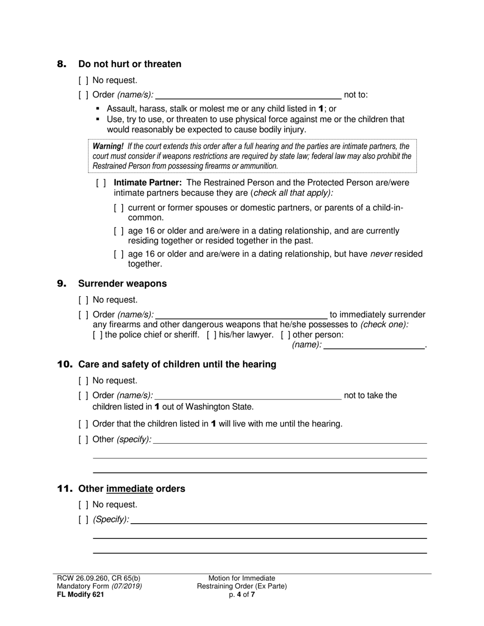 Form FL Modify621 Motion for Immediate Restraining Order (Ex Parte) - Washington, Page 4