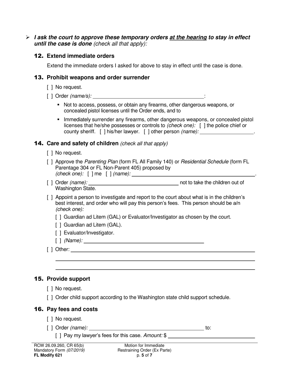 Form FL Modify621 Motion for Immediate Restraining Order (Ex Parte) - Washington, Page 5