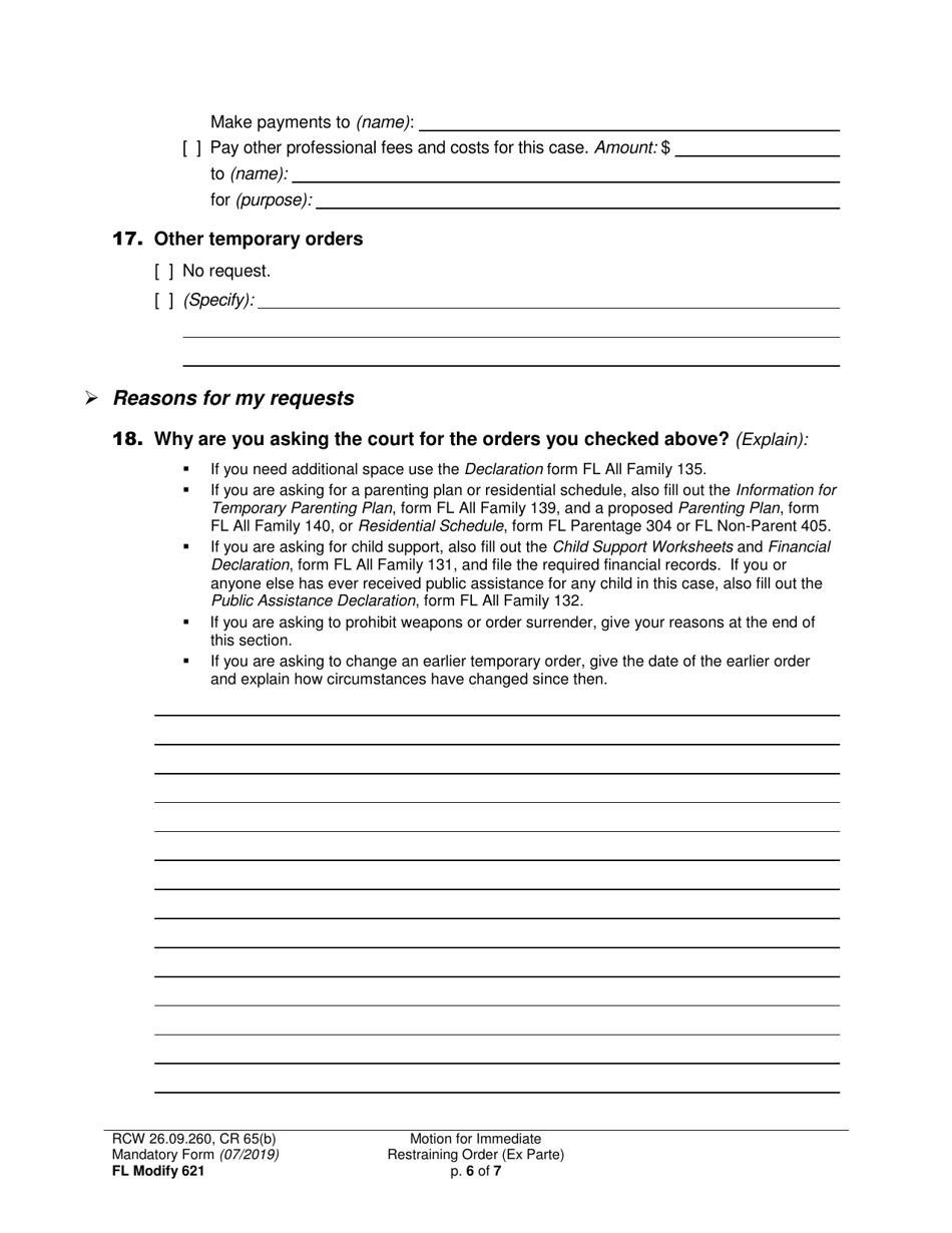 Form FL Modify621 Motion for Immediate Restraining Order (Ex Parte) - Washington, Page 6