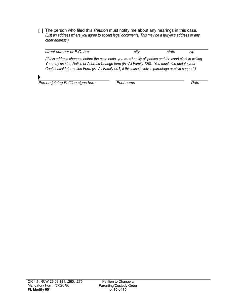 Form FL Modify601 Petition to Change a Parenting Plan, Residential Schedule or Custody Order - Washington, Page 10