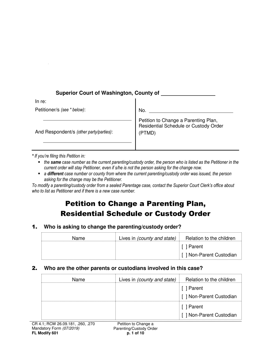 Form FL Modify601 Petition to Change a Parenting Plan, Residential Schedule or Custody Order - Washington, Page 1