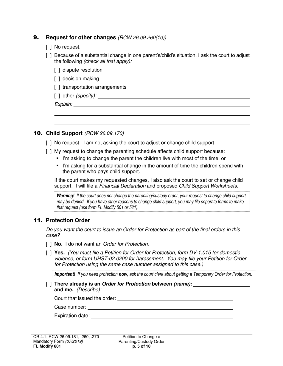 Form FL Modify601 Petition to Change a Parenting Plan, Residential Schedule or Custody Order - Washington, Page 5