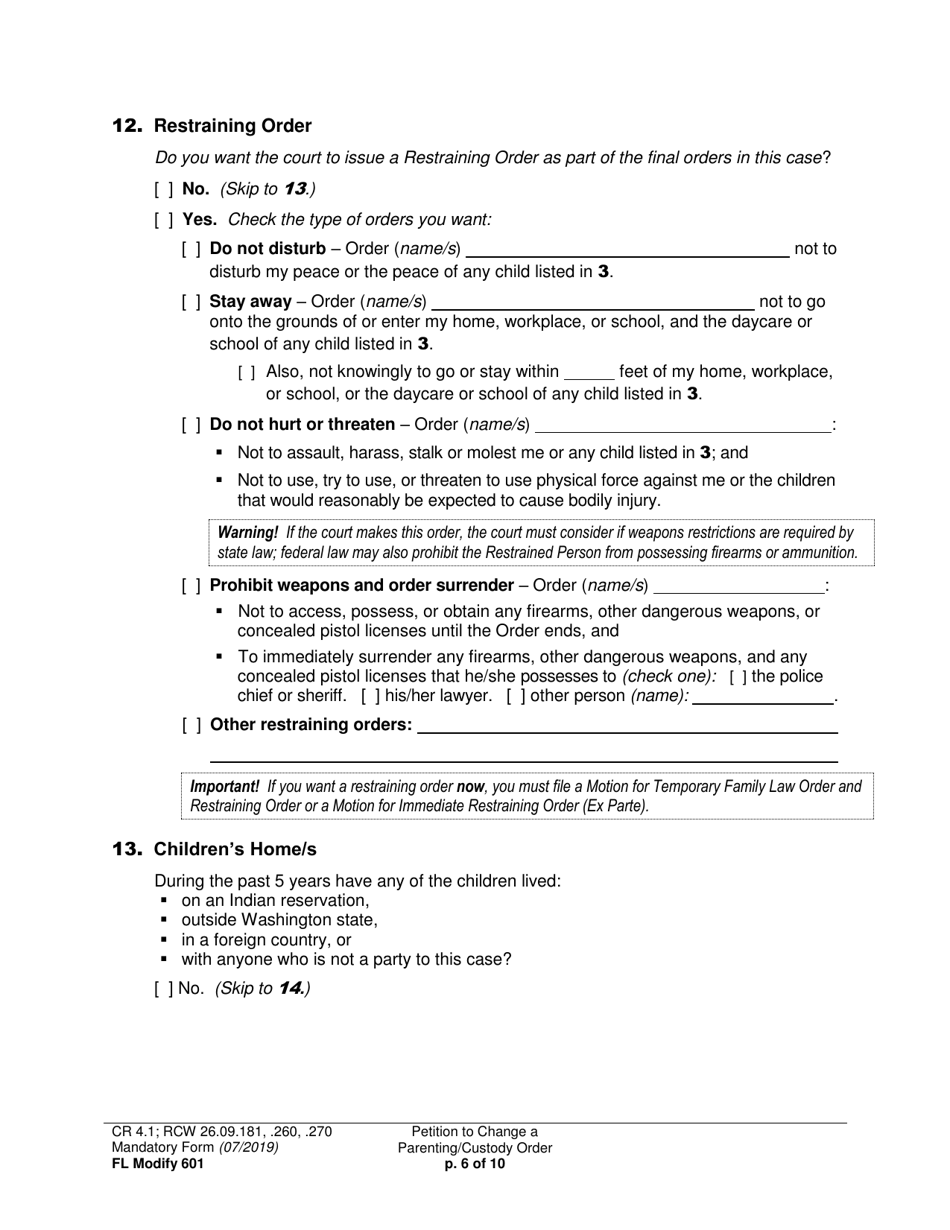 Form FL Modify601 Petition to Change a Parenting Plan, Residential Schedule or Custody Order - Washington, Page 6
