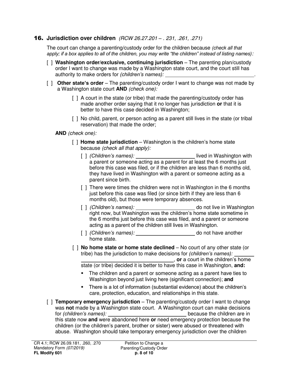 Form FL Modify601 Petition to Change a Parenting Plan, Residential Schedule or Custody Order - Washington, Page 8