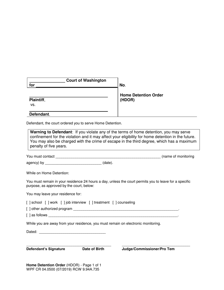 Form WPF CR04.0500 Home Detention Order - Washington, Page 1