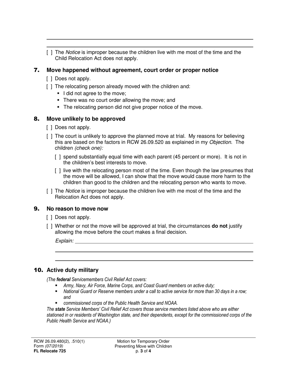 Form FL Relocate725 Motion for Temporary Order Preventing Move With Children (Relocation) - Washington, Page 3