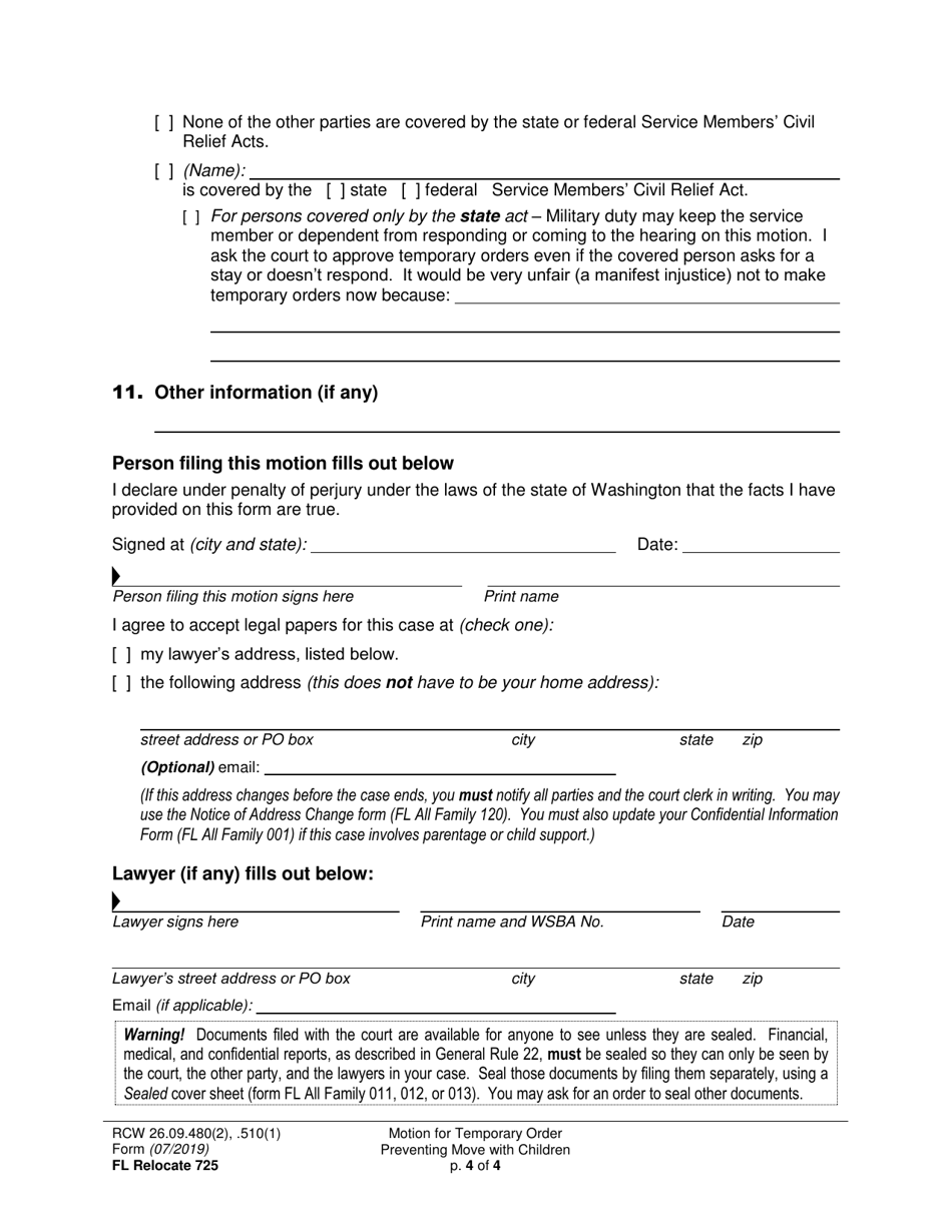 Form FL Relocate725 Motion for Temporary Order Preventing Move With Children (Relocation) - Washington, Page 4
